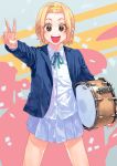  1girl blonde_hair brown_eyes confetti drum eyes_visible_through_hair green_neckwear green_ribbon hairband highres holding instrument k-on! open_mouth otsudou ribbon school_uniform short_hair skirt smile solo tainaka_ritsu teeth uniform upper_teeth v white_skirt yellow_hairband 