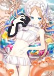  1girl abigail_williams_(fate/grand_order) abigail_williams_(swimsuit_foreigner)_(fate) animal ass_visible_through_thighs bangs bare_arms bare_shoulders beach bikini black_cat blue_eyes blush bonnet bow brown_hair cat closed_mouth commentary_request day fate/grand_order fate_(series) hair_bow hand_up innertube long_hair looking_at_viewer lying navel nyori on_back outdoors parted_bangs sand smile solo strapless strapless_bikini striped striped_bow swimsuit thigh_gap very_long_hair water waves white_bikini white_bow white_headwear 