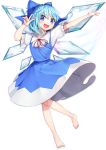  :d ahoge arm_up bangs blouse blue_bow blue_dress blue_eyes blue_hair blue_nails blush bow buttons cirno collared_blouse collared_shirt commentary_request dress dress_shirt full_body gunjou_row hair_bow hands_up highres ice ice_wings leg_up looking_at_viewer nail_polish neck_ribbon ok_sign open_mouth outstretched_arm outstretched_hand pinafore_dress puffy_short_sleeves puffy_sleeves red_neckwear red_ribbon ribbon shirt short_hair short_sleeves sidelocks simple_background skirt skirt_lift smile standing standing_on_one_leg toenail_polish touhou upper_teeth v v-shaped_eyebrows white_background white_blouse white_shirt wings 
