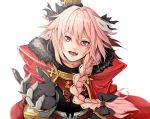  1boy armor astolfo_(fate) black_bow bow braid cloak eyebrows eyebrows_visible_through_hair fang fate/apocrypha fate/grand_order fate_(series) fur-trimmed_cloak fur_trim gauntlets gorget hair_bow hair_intakes happy long_braid long_hair long_sleeves looking_at_viewer male_focus multicolored_hair open_mouth otoko_no_ko pink_hair puffy_sleeves red_cloak simple_background single_braid smile solo streaked_hair upper_body violet_eyes white_background yawl 