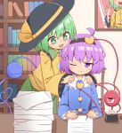  2girls ahoge black_hairband black_headwear blue_shirt bookshelf bright_pupils chair commentary_request frilled_sleeves frills green_eyes green_hair green_skirt hairband hands_on_another&#039;s_shoulders hat heart heart_of_string highres holding holding_pen indoors inkwell komeiji_koishi komeiji_satori long_sleeves looking_at_viewer multiple_girls nib_pen_(object) nihohohi one_eye_closed open_mouth paper paper_stack pen portrait_(object) purple_hair shirt short_hair siblings sisters sitting skirt smile third_eye touhou violet_eyes white_pupils yellow_shirt 