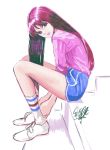  1girl arms_between_legs bike_shorts colored_pencil_(medium) english_commentary highres hunched_over looking_back original purple_hair purple_lips sherumaru_(korcht06) sitting solo stairs traditional_media violet_eyes 