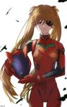  1girl absurdres blonde_hair blue_eyes bodysuit breasts cowboy_shot eyepatch floating_hair helmet highres holding holding_helmet long_hair looking_at_viewer neon_genesis_evangelion orlijiang parted_lips plugsuit red_bodysuit small_breasts solo souryuu_asuka_langley standing thigh_gap twintails twitter_username very_long_hair white_background 