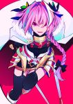  1boy 51olo armor armored_dress astolfo_(fate) black_bow black_dress black_legwear bow braid cloak dress fang fate/apocrypha fate/grand_order fate_(series) full_body fur-trimmed_cloak fur_trim gauntlets gorget hair_bow hair_intakes happy highres long_braid long_hair long_sleeves male_focus multicolored_hair open_mouth otoko_no_ko pink_background pink_hair puffy_sleeves shoes simple_background single_braid smile solo streaked_hair sword thigh-highs violet_eyes weapon white_cloak white_legwear 