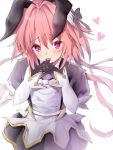  1boy animal_ears artist_name astolfo_(fate) astolfo_(saber)_(fate) bangs black_bow black_gloves black_ribbon bow bowtie bunny_hair_ornament dress fate/grand_order fate_(series) gloves hair_between_eyes hair_bow hair_intakes hair_ornament hair_ribbon hands_together happy long_hair long_sleeves looking_at_viewer low_twintails male_focus multicolored_hair open_mouth otoko_no_ko pink_hair rabbit_ears ribbon satou_yumeri simple_background smile solo streaked_hair twintails twitter_username upper_body violet_eyes white_background 