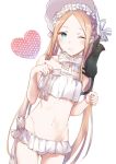  1girl abigail_williams_(fate/grand_order) abigail_williams_(swimsuit_foreigner)_(fate) animal animal_on_shoulder bangs bikini black_cat blonde_hair blue_eyes blush bonnet cat fate/grand_order fate_(series) heart long_hair one_eye_closed parted_bangs satsumi sidelocks swimsuit white_background white_bikini white_headwear 