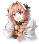  1boy armor astolfo_(fate) black_bow bow braid cloak darkers eyebrows eyebrows_visible_through_hair fang fate/apocrypha fate/grand_order fate_(series) fur-trimmed_cloak fur_trim gorget hair_bow hair_intakes happy highres long_braid long_hair looking_at_viewer male_focus multicolored_hair open_mouth otoko_no_ko pink_hair simple_background single_braid smile solo streaked_hair upper_body violet_eyes white_background white_cloak 