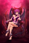  1girl absurdres bare_legs bare_shoulders barefoot black_nails breasts claws collarbone commentary commission crossed_legs d-rex demon_horns demon_tail demon_wings facial_mark feet full_body hand_on_own_cheek hand_up highres horns large_breasts looking_at_viewer nail_polish original purple_hair red_theme short_hair sitting skull smile solo tail throne toenail_polish toenails toes violet_eyes wings 