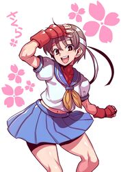  1girl blue_sailor_collar breasts brown_eyes brown_hair fingerless_gloves gloves headband kasugano_sakura looking_at_viewer midriff navel open_mouth sailor_collar school_uniform serafuku short_hair skirt smile solo street_fighter street_fighter_zero_(series) tukiwani 