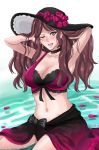  1girl armpits bikini blush brown_hair cowboy_shot cute dorothea_arnault ear_piercing erodriel fire_emblem fire_emblem:_three_houses fire_emblem:_three_houses fire_emblem_16 fire_emblem_heroes flower flower_hat green_eyes hat hibiscus intelligent_systems lips long_hair nagatsuma_juri navel nintendo one_eye_closed open_mouth petals petals_on_liquid ribbon sexy smile solo super_smash_bros. swimsuit two-tone_bikini upper_teeth water wink 