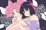  2girls bangs bare_shoulders bishoujo_senshi_sailor_moon black_hair chibi_usa closed_mouth double_bun dress eyebrows_visible_through_hair holding_hands kaze-hime medium_hair multiple_girls pink_dress pink_eyes pink_hair purple_dress sad short_sleeves sitting smile tomoe_hotaru twintails twitter_username violet_eyes 