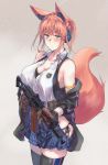  1girl animal_ears assault_rifle black_panties breasts detached_sleeves fox_ears fox_girl fox_tail green_eyes gun highres hip_vent large_breasts orange_hair original panties rifle sawaya_(mizukazu) side-tie_panties simple_background skindentation solo tail thigh-highs twintails underwear weapon weapon_request 