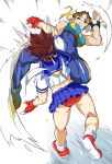  adapted_costume ass blood blue_sailor_collar brown_hair buruma chinese_clothes chun-li double_bun fingerless_gloves gloves headband kasugano_sakura multiple_girls nexas red_buruma sailor_collar school_uniform serafuku short_hair skirt street_fighter street_fighter_zero_(series) unitard 