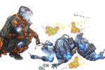  1boy 1girl gloves helmet holding holding_syringe humanoid_robot kotone_a lying nessie_(respawn) on_side orange_gloves pilot_(titanfall_2) pouch science_fiction simulacrum_(titanfall) sparkle syringe titanfall_(series) titanfall_2 visor white_background 