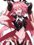  1boy animal_ears armor armored_dress astolfo_(fate) astolfo_(saber)_(fate) bangs black_bow black_gloves black_legwear black_ribbon bow bowtie bunny_hair_ornament dress fate/grand_order fate_(series) gloves hair_bow hair_intakes hair_ornament hair_ribbon happy highres long_hair long_sleeves looking_at_viewer low_twintails male_focus midriff momomogeta multicolored_hair one_eye_closed open_mouth otoko_no_ko pink_hair rabbit_ears ribbon simple_background smile solo streaked_hair twintails upper_body violet_eyes white_background 