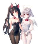  2girls ahoge angel_wings animal_ears arm_at_side bangs bare_arms bare_shoulders black_hair black_legwear black_leotard blush bow bowtie breasts bunny_girl bunnysuit cat_ears cat_tail closed_mouth collar commentary_request covered_navel cowboy_shot detached_collar extra_ears eyebrows_visible_through_hair fang feathered_wings frown grey_hair halo hand_up highleg highleg_leotard highres leotard long_hair looking_at_viewer medium_breasts multiple_girls original pale_skin pantyhose pointy_ears rabbit_ears red_bow red_eyes shiro_albino short_hair simple_background skin_fang small_breasts strapless strapless_leotard tail tail_grab thigh-highs thigh_gap twintails white_background white_collar white_legwear white_leotard white_wings wings wrist_cuffs 