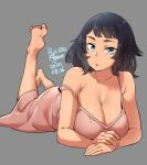  1girl 2020 agawa_ryou artist_name bare_shoulders barefoot black_hair blue_eyes breasts collarbone commentary dated freckles grey_background huge_breasts leg_up lying on_stomach original parted_lips short_hair signature simple_background solo 