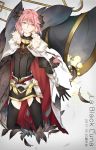  1boy armor armored_dress astolfo_(fate) black_bow black_dress black_legwear bow braid cloak dated dress eyebrows eyebrows_visible_through_hair fang fate/apocrypha fate/grand_order fate_(series) feathers fur-trimmed_cloak fur_trim gauntlets gorget hair_bow hair_intakes highres jingzhongyin long_braid long_hair long_sleeves looking_to_the_side male_focus multicolored_hair open_mouth otoko_no_ko pink_hair puffy_sleeves simple_background single_braid solo streaked_hair thigh-highs violet_eyes white_background white_cloak 