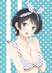  1girl :d bangs bare_arms bare_shoulders bikini black_hair blue_eyes blush breasts collarbone commentary_request eyebrows_visible_through_hair hairband kanojo_okarishimasu large_breasts long_hair looking_at_viewer nakamura_kou open_mouth polka_dot polka_dot_background polka_dot_bikini polka_dot_hairband sarashina_ruka short_hair smile solo swept_bangs swimsuit upper_body v white_bikini white_hairband 