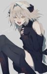  1boy alternate_costume astolfo_(fate) bangs bare_shoulders black_bow black_legwear bow braid eyebrows eyebrows_visible_through_hair fate/apocrypha fate/grand_order fate_(series) grey_background grey_hair hair_between_eyes hair_intakes long_hair long_sleeves looking_to_the_side male_focus multicolored_hair open_mouth otoko_no_ko simple_background single_braid sitting solo thigh-highs very_long_hair yellow_eyes yuno_tsuitta 