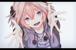  1boy astolfo_(fate) bangs black_bow bow braid fate/apocrypha fate/grand_order fate_(series) hair_between_eyes hair_intakes jewelry long_hair long_sleeves looking_at_viewer male_focus multicolored_hair necklace open_mouth otoko_no_ko pink_hair single_braid very_long_hair violet_eyes yuno_tsuitta 