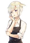  1girl animal_ears apron bangs black_apron blue_eyes blush cat_ears collared_shirt commentary_request eyebrows_visible_through_hair final_fantasy final_fantasy_xiv hand_up heterochromia midorikawa_you miqo&#039;te parted_lips shirt short_hair short_sleeves silver_hair simple_background solo upper_body v-shaped_eyebrows violet_eyes whisker_markings white_background white_shirt 