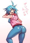  1girl allenby_beardsley ass blue_bodysuit blue_hair blush bodysuit breasts g_gundam gloves green_eyes gundam highres large_breasts looking_at_viewer open_mouth short_hair skin_tight smile solo tukiwani v 