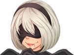  1girl black_blindfold black_gloves black_hairband blindfold closed_mouth face gloves grey_hair hair_between_eyes hairband mole mole_under_mouth nier_(series) nier_automata pink_lips short_hair signature smile solo transparent_background upper_body vatmang yorha_no._2_type_b 