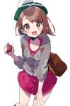  1girl :d absurdres backpack bag bangs blush bokkun_(doyagaobyo) brown_backpack brown_eyes brown_hair buttons cardigan collarbone commentary_request dress eyebrows_visible_through_hair green_headwear grey_cardigan hand_up highres holding holding_poke_ball looking_at_viewer open_mouth pink_dress poke_ball poke_ball_(basic) pokemon pokemon_(game) pokemon_swsh short_hair smile solo tam_o&#039;_shanter tongue yuuri_(pokemon) 