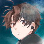  1boy aldnoah.zero blue_background brown_eyes brown_hair chiyoko close-up expressionless eyebrows_visible_through_hair floating_hair kaizuka_inaho looking_down solo 