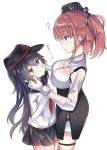  2girls ? akatsuki_(kantai_collection) anchor_hair_ornament anchor_symbol atlanta_(kantai_collection) black_hair black_headwear black_sailor_collar black_skirt breasts brown_hair cheek_pinching dress_shirt earrings eye_contact fathom flat_cap garrison_cap grey_eyes hair_between_eyes hair_ornament hat height_difference high-waist_skirt highres jewelry kantai_collection large_breasts long_hair long_sleeves looking_at_another multiple_girls neckerchief pinching red_neckwear remodel_(kantai_collection) sailor_collar school_uniform serafuku shirt simple_background skirt star_(symbol) star_earrings thigh_strap two_side_up violet_eyes white_background white_shirt 
