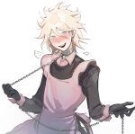  1boy absurdres alternate_costume apron bangs black_gloves blonde_hair blush bound broken broken_chain brown_eyes chain chain_necklace chained collar cuffs dangan_ronpa elbow_gloves gloves hair_between_eyes handcuffs highres komaeda_nagito kyandii leash long_sleeves looking_at_viewer male_focus messy_hair metal_collar open_mouth pink_apron restrained shackles short_hair simple_background smile solo spikes super_dangan_ronpa_2 upper_body upper_teeth white_background 