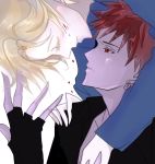  2boys blonde_hair blood closed_eyes facial_scar fingerless_gloves glalda gloves hug hug_from_behind injury kurda_smahlt male_focus multiple_boys purple_skin red_eyes redhead scar short_hair smile the_saga_of_darren_shan 