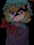  1girl 5alive black_background blonde_hair closed_mouth collared_dress commentary expressionless gap_(touhou) hat highres lavender_dress light_frown looking_at_viewer maribel_hearn mob_cap neck_ribbon red_eyes red_ribbon ribbon simple_background solo standing touhou violet_eyes white_headwear 