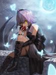  apple bare_shoulders black_dress boots bug butterfly demon_girl dress eating food fruit hair_between_eyes hair_ornament hair_scrunchie highres insect link_(eggworking) looking_at_viewer purple_hair scrunchie short_hair sitting solo tensei_shitara_slime_datta_ken thighs ultima_(tensei_shitara_slime_datta_ken) yellow_eyes 