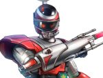  1boy arm_cannon clenched_hand close-up fire_(winspector) looking_at_viewer metal_hero orange_eyes solo taedu tokkei_winspector tokusatsu visor weapon white_background 