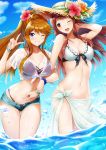  2girls absurdres artist_request bikini bikini_under_clothes black_bikini blue_eyes blue_sky bracelet breasts brown_eyes brown_hair commentary_request denim denim_shorts flower grin groin hair_flower hair_ornament hat high_ponytail highres idolmaster idolmaster_million_live! jewelry long_hair medium_breasts multiple_girls navel one_eye_closed open_clothes sarong scrunchie short_shorts shorts sky smile splashing straw_hat swimsuit tanaka_kotoha tokoro_megumi v water white_bikini white_sarong wrist_scrunchie 