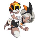  1girl barefoot black_bodysuit black_hairband bodysuit bodysuit_under_clothes clenched_hand collared_shirt commentary covered_navel dark_skin dynamax_band english_commentary gatjensb glint gloves grey_eyes grey_hair gym_leader hairband highres holding holding_poke_ball knee_pads looking_at_viewer open_mouth poke_ball pokemon pokemon_(game) pokemon_swsh print_shirt print_shorts saitou_(pokemon) shirt short_hair short_sleeves shorts simple_background single_glove solo teeth tied_shirt tongue ultra_ball v-shaped_eyebrows white_background 