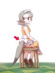 0x0082 1girl alternate_costume arrow_(symbol) back_bow bare_shoulders bow brown_footwear coat collar commentary_request dress enmaided extra_ears frilled_collar frills from_behind glasses grey_hair high_collar highres kemono_friends kemono_friends_3 looking_at_viewer maid maid_headdress meerkat_(kemono_friends) meerkat_ears meerkat_tail multicolored_hair necktie official_alternate_costume orange_dress short_hair sitting sleeve_cuffs sleeveless socks solo stool tail two-tone_hair white_bow white_coat white_hair white_legwear yellow_neckwear