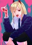  +_+ 1girl bleeding blonde_hair blood bloody_clothes bloody_hands blue_neckwear chainsaw_man eyebrows_visible_through_hair hair_between_eyes highres horns injury long_hair necktie open_mouth otsudou red_eyes sharp_teeth solo splatter squatting teeth tongue tongue_out upper_teeth 