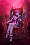  1girl absurdres bare_legs bare_shoulders barefoot black_nails breasts claws collarbone commentary commission crossed_legs d-rex demon_horns demon_tail demon_wings facial_mark feet full_body hand_on_own_cheek hand_up highres horns large_breasts looking_at_viewer nail_polish original pink_skin purple_hair red_theme short_hair sitting skull smile solo tail throne toenail_polish toenails toes violet_eyes wings 