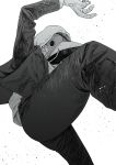  1boy arm_up chainsaw_man formal greyscale hatching_(texture) highres hood hood_up hoodie male_focus mask monochrome otsudou solo suit white_background 