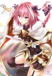  1boy armor armored_dress artist_name astolfo_(fate) black_bow black_dress black_legwear bow braid cloak dress fang fate/apocrypha fate/grand_order fate_(series) fighting_stance fur-trimmed_cloak fur_trim gauntlets gorget hair_bow hair_intakes highres holding holding_sword holding_weapon long_braid long_hair long_sleeves male_focus multicolored_hair nez-box open_mouth otoko_no_ko pink_hair puffy_sleeves single_braid solo streaked_hair sword thigh-highs violet_eyes weapon white_cloak 