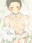  1boy bare_shoulders black_hair bouquet bridal_veil crossdressinging dress embarrassed flower kuzuvine looking_away male_focus natsuki_subaru orange_eyes re:zero_kara_hajimeru_isekai_seikatsu short_hair solo veil wedding_dress white_dress 