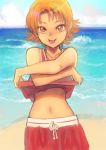  1girl blonde_hair collarbone day hair_intakes jj_(ssspulse) lifted_by_self looking_at_viewer midriff natsuki_rin navel ocean outdoors precure red_eyes red_skirt red_tank_top ribbon shiny shiny_hair shore short_hair skirt solo standing stomach tank_top tank_top_lift tongue tongue_out white_ribbon yes!_precure_5 