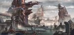  absurdres artist_name building chinese_text clouds construction crane_(machine) dam day dock dust fan_wennan harbor highres military military_vehicle ocean outdoors scenery science_fiction ship sign sky structure warship water watercraft watermark web_address 