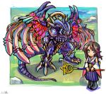  1girl bahamut_(final_fantasy) blue_eyes brown_hair chibi final_fantasy final_fantasy_x green_eyes heterochromia highres holding holding_staff monster oomasa_teikoku open_hands short_hair staff standing wings yuna_(ff10) 