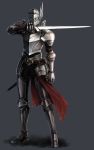  1boy armor belt blue_eyes breastplate clenched_hand full_armor gauntlets glowing glowing_eyes greaves grey_background helmet holding holding_sword holding_weapon knight male_focus mhg_(hellma) original pauldrons scabbard sheath shoulder_armor simple_background solo standing sword torn_clothes weapon 
