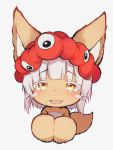  1other absurdres animal_ears bangs blunt_bangs blush commentary_request expo2025 extra_arms eyebrows_visible_through_hair fur furry grey_background highres horizontal_pupils looking_at_viewer made_in_abyss medium_hair nanachi_(made_in_abyss) open_mouth simple_background smile solo tab_head tail upper_body whiskers white_eyelashes white_hair yellow_eyes 