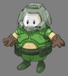  1other abs amuscaria black_eyes cosplay doom_(game) doomguy doomguy_(cosplay) english_commentary fall_guy fall_guys grey_background helmet muscle no_humans open_hands solo 